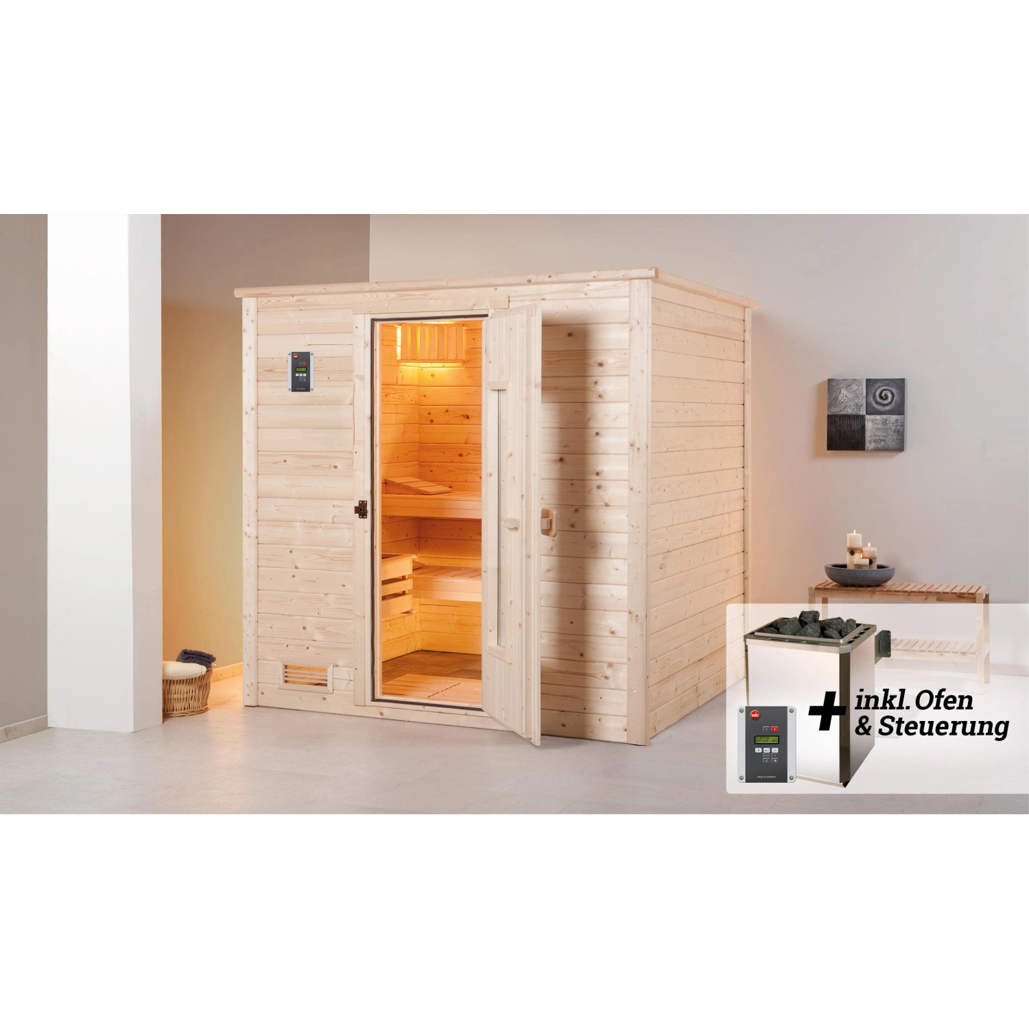 Weka Premium Massivholz-Sauna Bergen 1.8 Sparset 7,5 kW OS digi. Strg Holztür