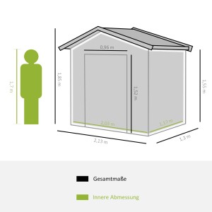 Skizze des Outsunny Gerätehauses 213x130x185cm mit Maßangaben für Gesamt- und Innenmaße.
