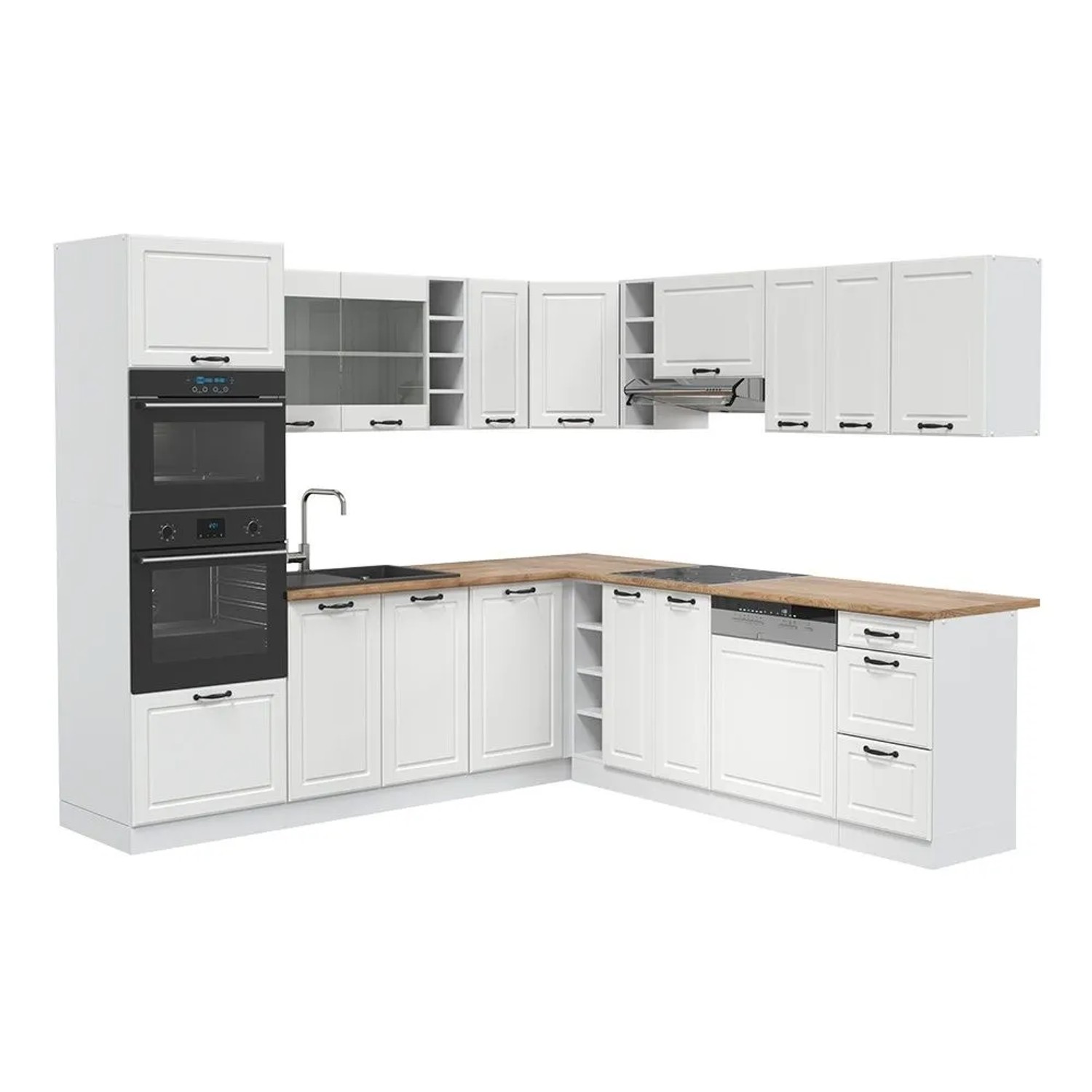 Vicco Eckküche R-Line Weiß Landhaus/Weiß 247 x 82 ohne Arbeitsplatte
