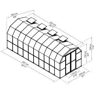 Draufsicht Palram Canopia Gewächshaus Grün mit Maßangaben, ideal für Pflanzenzucht.