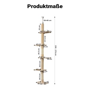 Maße des beigen Fudajo Kratzbaums mit Deckenspanner. Höhenverstellbar 230-276 cm, 4 Plattformen, Sisalstämme.