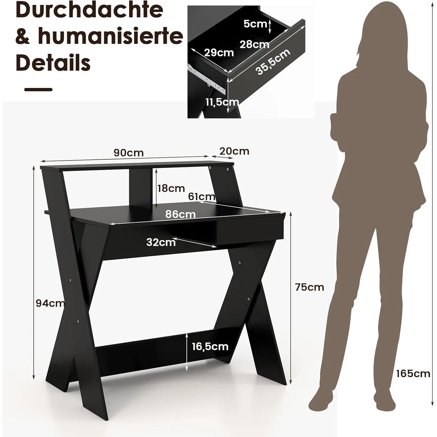 Schwarzer Costway Computertisch mit Schublade und Monitorerhöhung, Maße: 90x61x94 cm.