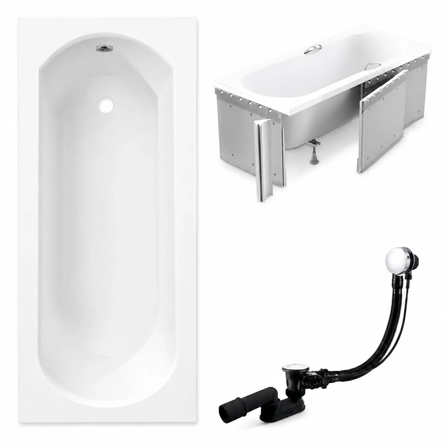 KOLMAN Badewanne Rechteck 170 x 75 Cm Mit Styroporverkleidung Ablage 4Cm Inkl. Ablauf Und Füße
