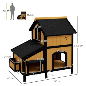 Gelbes PawHut Outdoor-Katzenhaus aus Tannenholz mit zwei Etagen und schwarzem Dach.