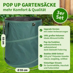 TTL GARDEN Pop-Up Laubsack Premium 160L 3er Set Selbststehend 220g/qm Gartensack Faltbar Für Laub Gras Gartenabfall