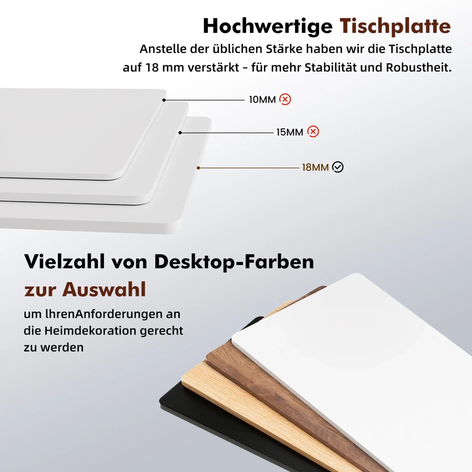 HOMAVO Schreibtisch: Tischplatten in verschiedenen Farben und Stärken.