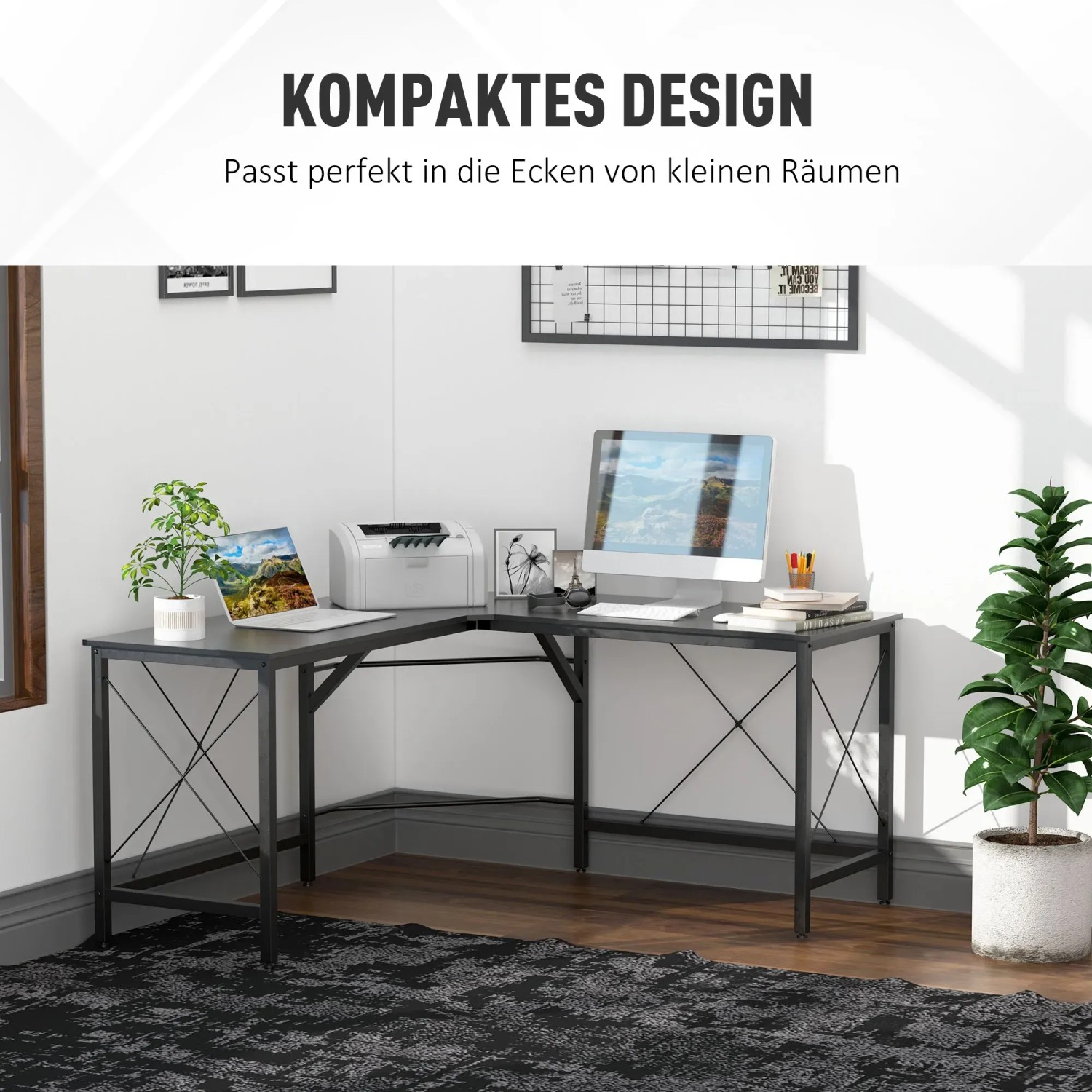 HOMCOM Computertisch L-Form, Winkelschreibtisch in Schwarz mit Stahlrahmen.