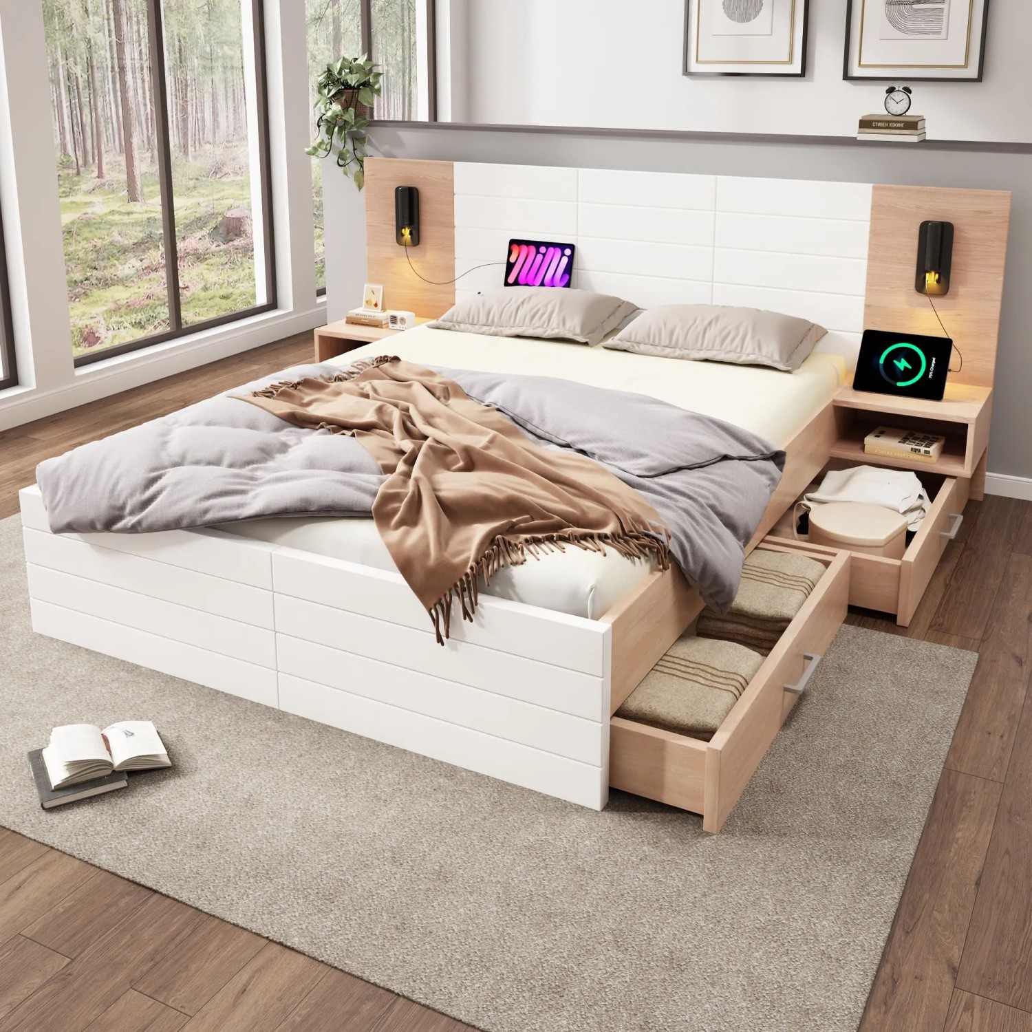 Merax Bettanlage 180x200cm Schubladen USB Eiche Weiß