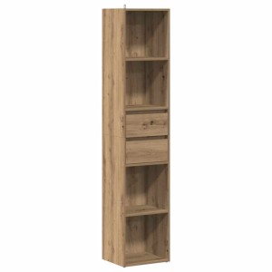 Schmales Bücherregal Artisan-Eiche aus Holzwerkstoff, 171 cm hoch, mit 4 offenen Fächern und 2 Schubladen.