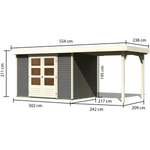 Karibu Holz-Gartenhaus Raala in Terragrau mit Pultdach und Maßangaben.