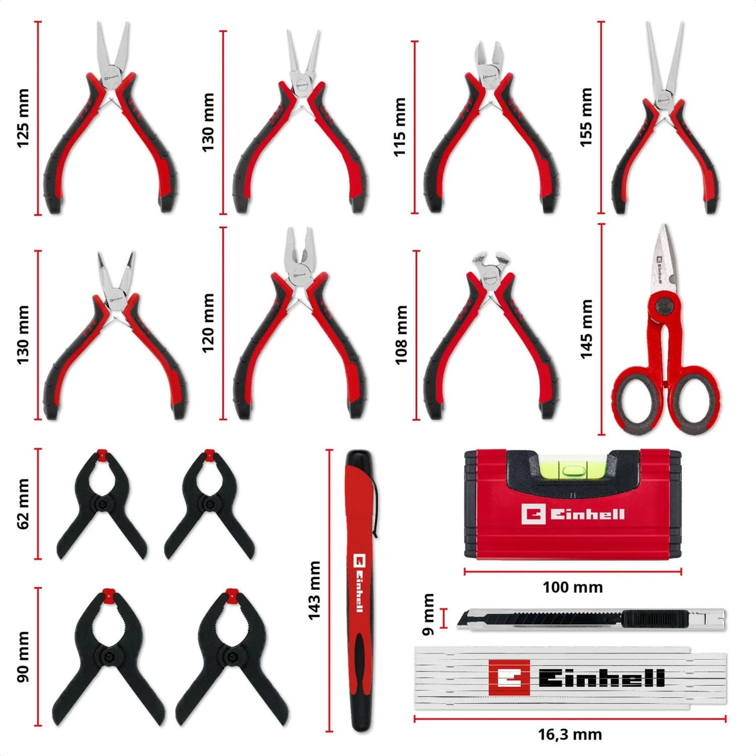 Einhell Werkzeugkoffer Hobby E-Case, 153-teilig: Zangen, Hammer, Wasserwaage und mehr im Set.