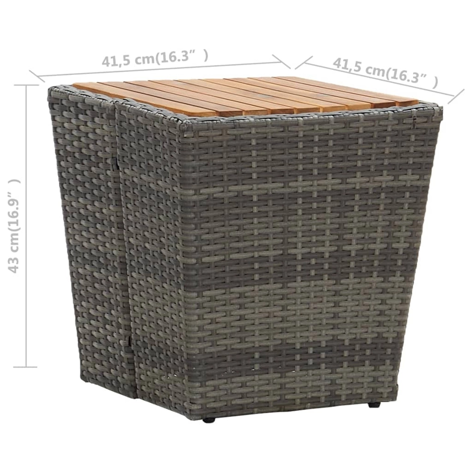 Grauer vidaXL Beistelltisch aus Rattan mit Akazienholzplatte, 41,5x41,5x43 cm.