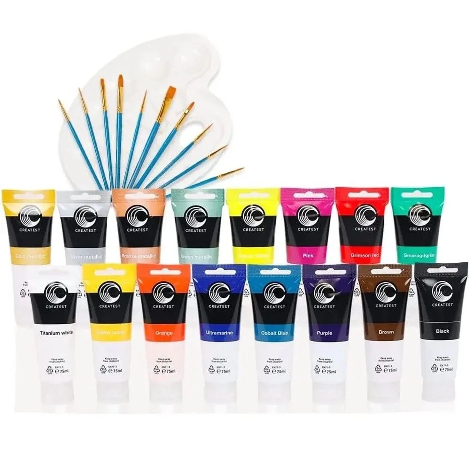 CREATEST Acrylfarben-Set 16x75 ml inkl. Pinsel & Mischpalette Wasserfest