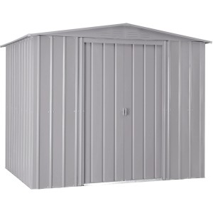 Metall-Gerätehaus (8x8) in Silber Metallic von Globel Industries. Wetterfestes Gartenhaus mit Doppeltür.