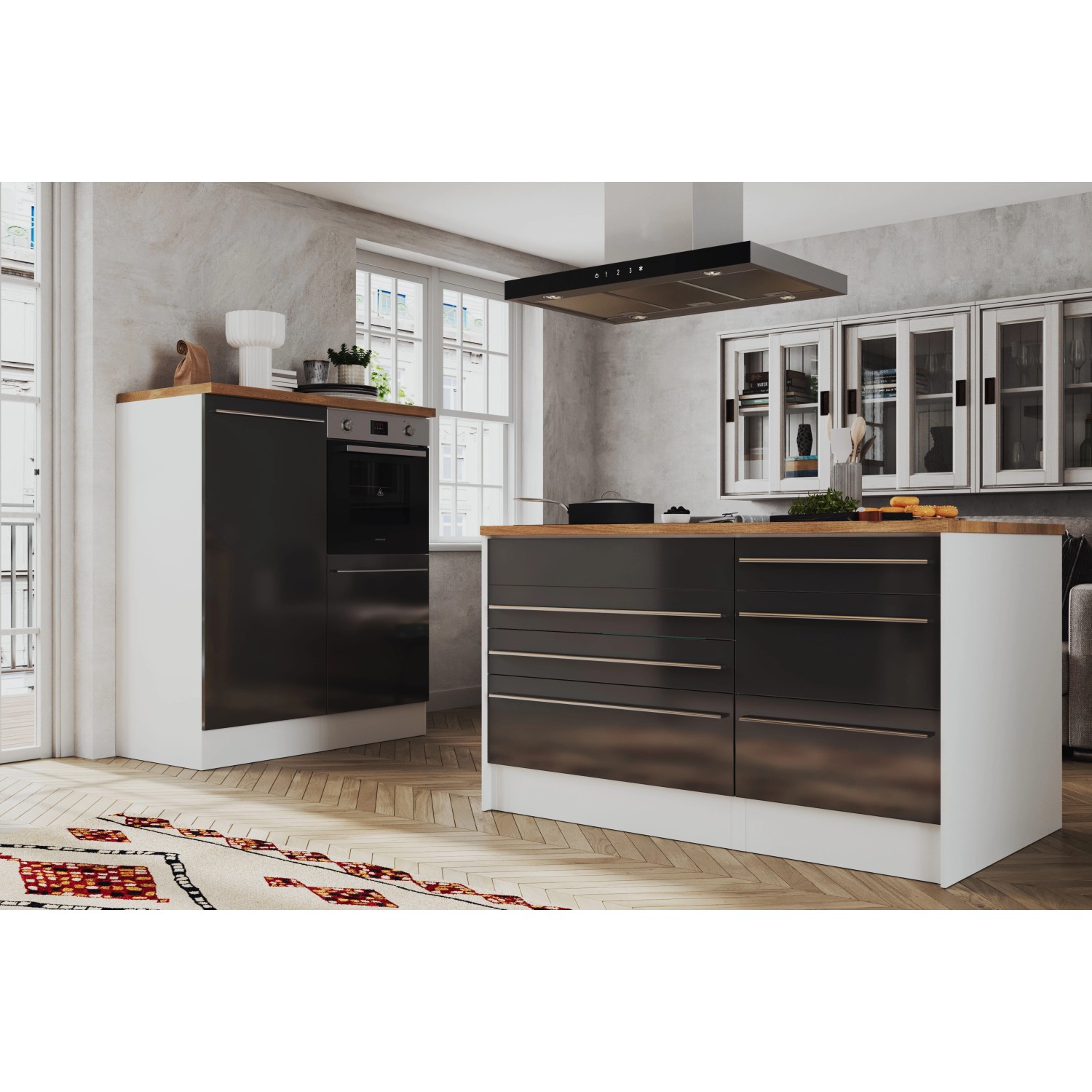 Respekta Inselküche Gabriel 320 cm in Grau Hochglanz mit Kochinsel und Elektrogeräten.