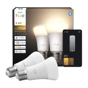 Philips Hue E27 LED-Lampen 2er-Pack: 9,5W, 1100lm, warmweiß, smarte Steuerung per App.