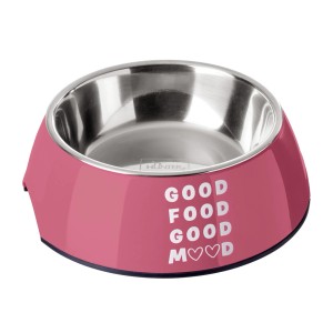 Hunter Hundenapf Chester Pink, 160ml, Melamin mit Edelstahleinsatz und Aufdruck 'Good Food Good Mood'.