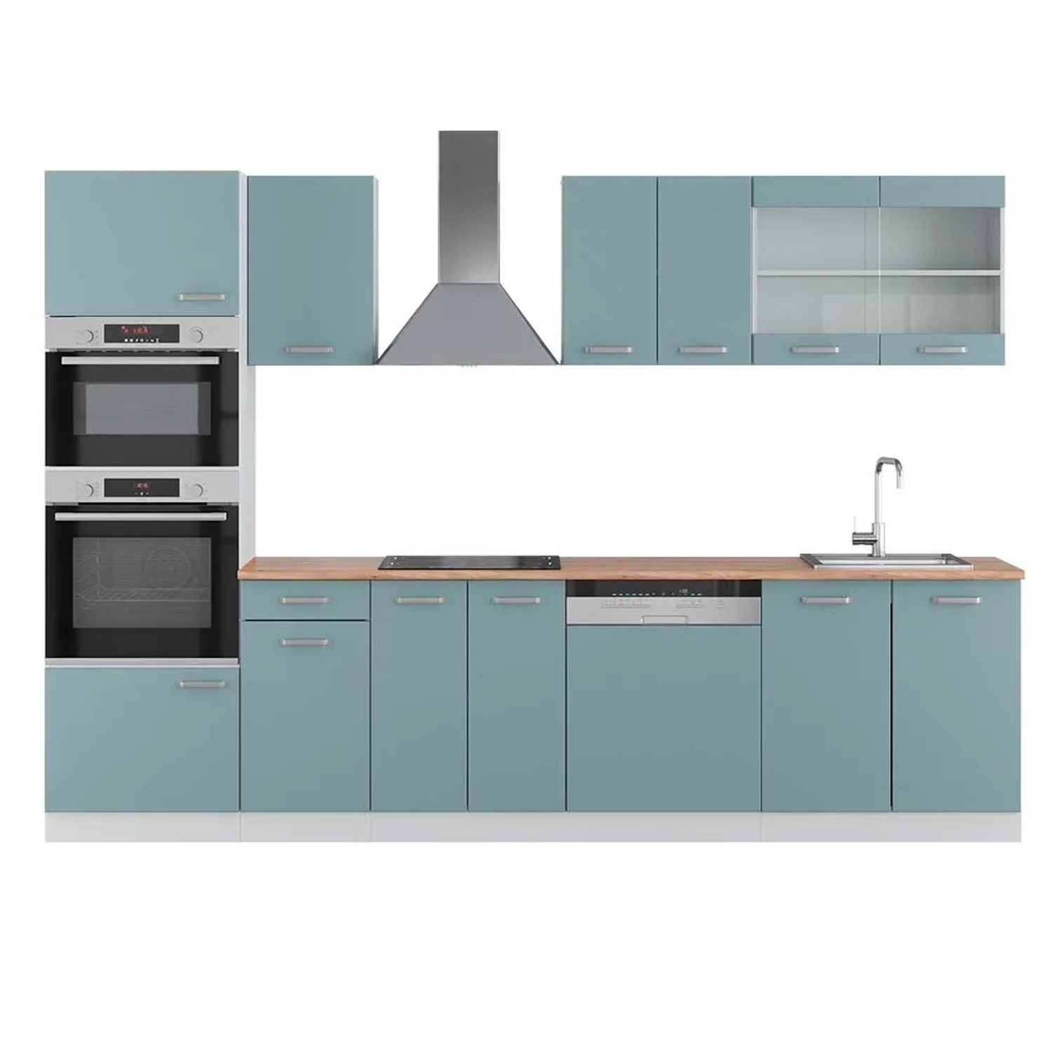 Vicco R-Line Küchenzeile Blau-Grau Weiß 300 cm mit HochschrankAP Eiche ohne E-Geräte