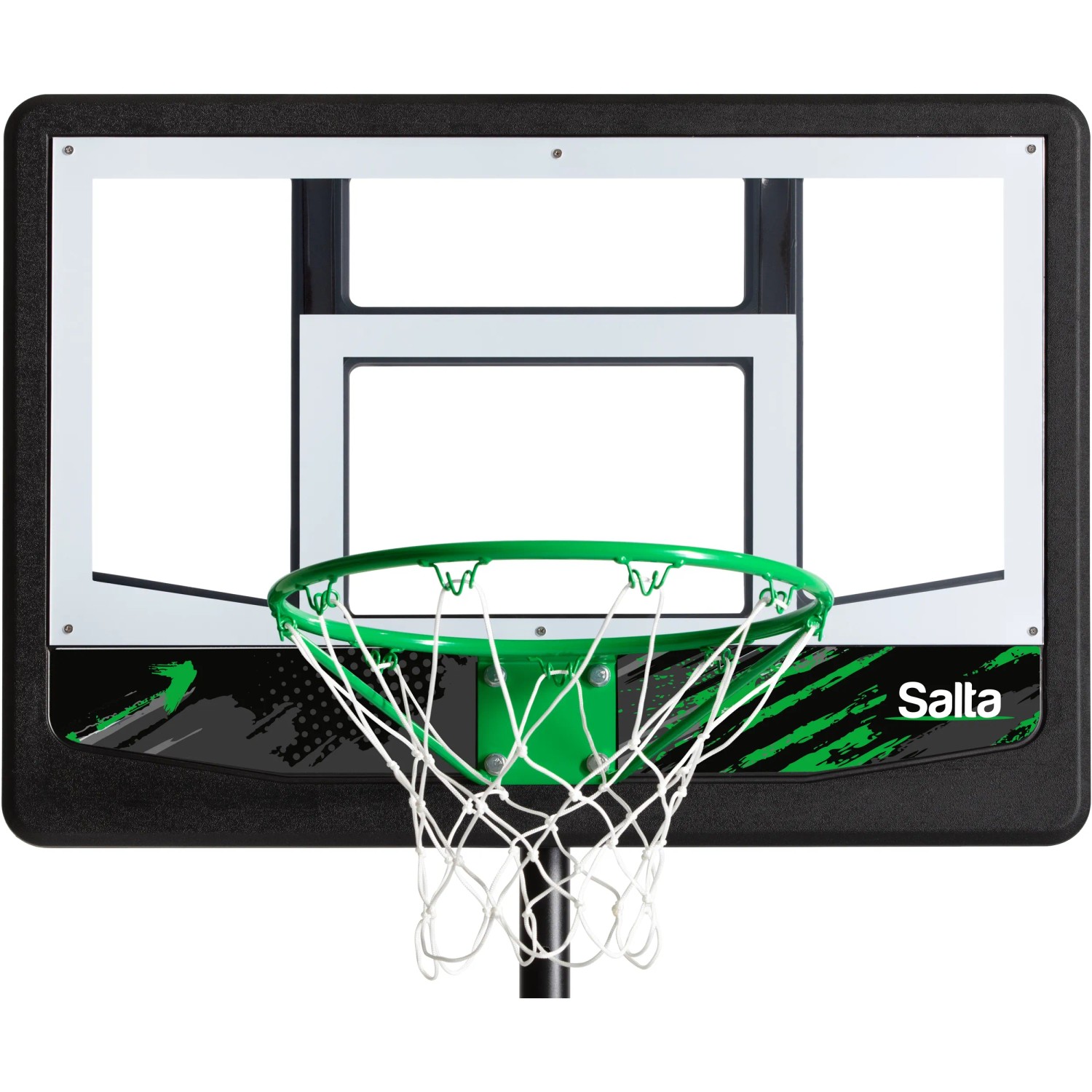 Salta Basketballständer Dribble mit grünem Korb und Netz vor weißem Hintergrund.