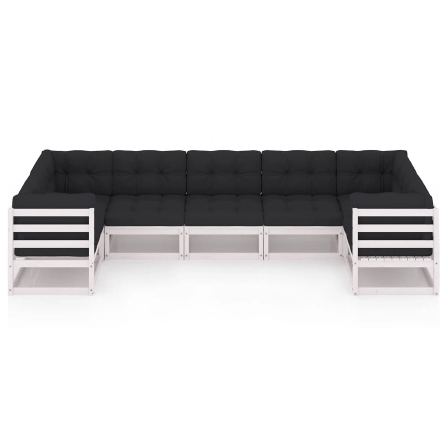 7-teiliges Garten-Lounge-Set aus Kiefernholz, weißes Gestell mit anthrazitfarbenen Kissen.