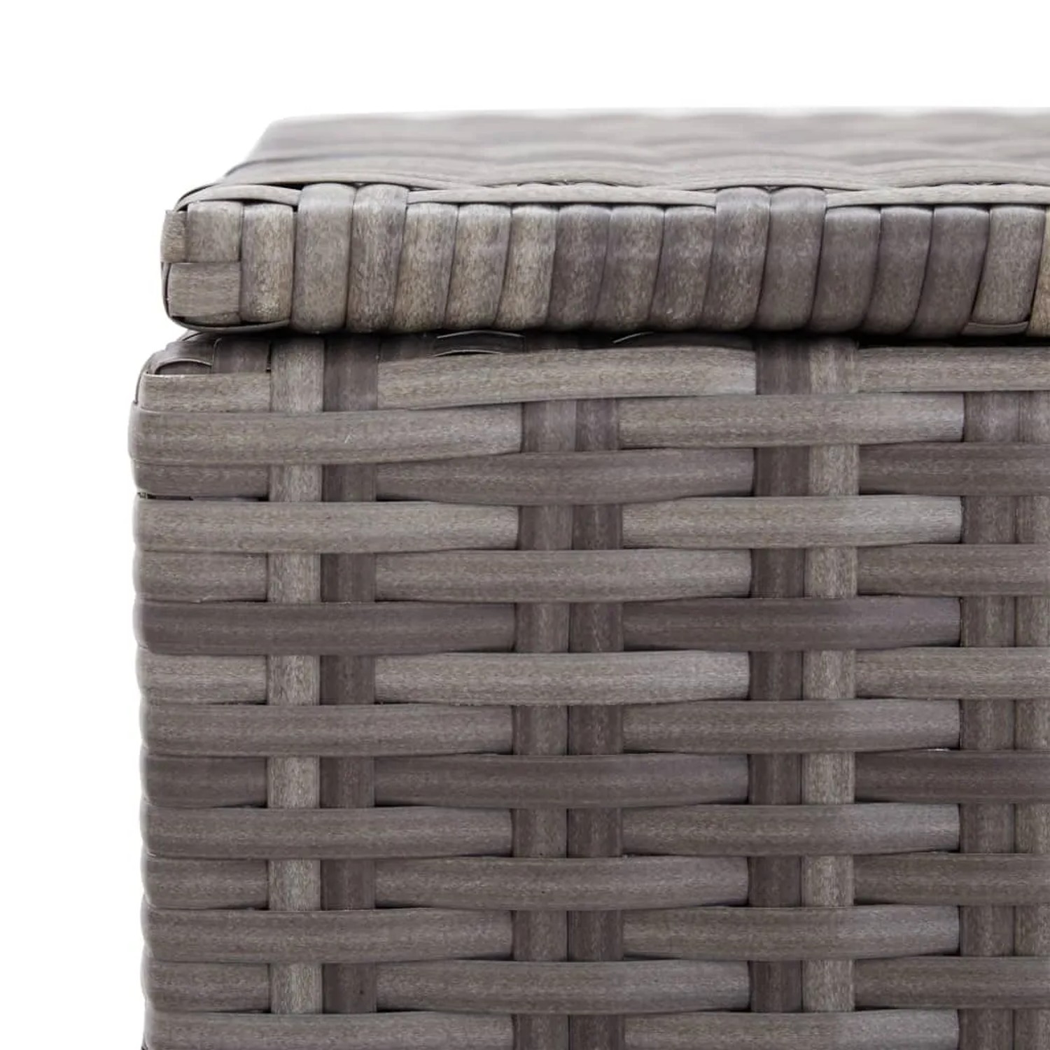 Detailaufnahme: Graue VidaXL Gartenbox aus Poly Rattan, Universalbox für Gartenmöbel.