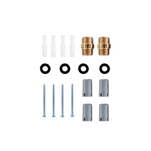 Zubehörset für Thermoflow Durchlauferhitzer: Dübel, Schrauben, Dichtungen und Adapter.
