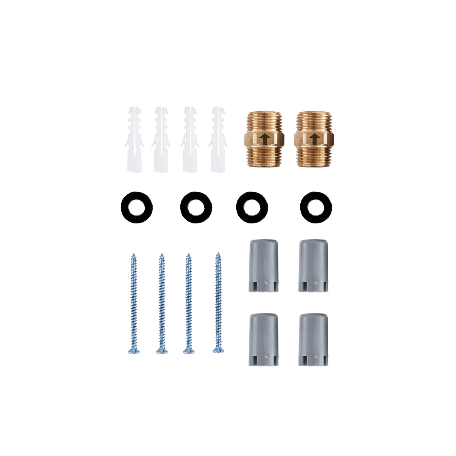 Zubehörset für Thermoflow Durchlauferhitzer: Dübel, Schrauben, Dichtungen und Adapter.