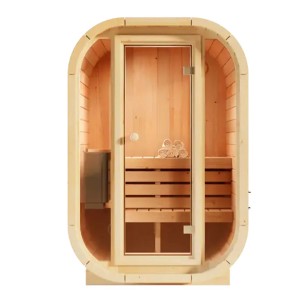 FinnTherm Innensauna Ellipso S aus Fichte mit Glastür und Liege.
