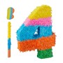 Bunte Zahl 4 Pinata aus Papier in Regenbogenfarben, mit Schlagstock und Augenmaske für Geburtstagspartys.