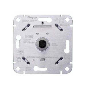 Kopp Digital LED-Druck-Wechseldimmer RC 150W, silbernes Modul mit zentraler Achse und technischen Angaben.