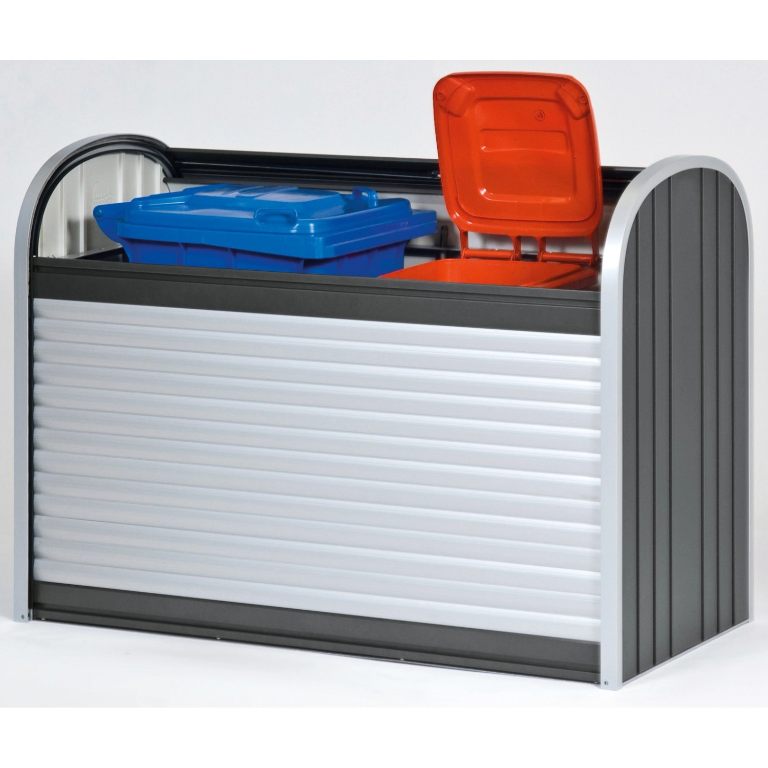 Biohort StoreMax 160 Gartenbox in Dunkelgrau-Metallic mit zwei Mülltonnen.