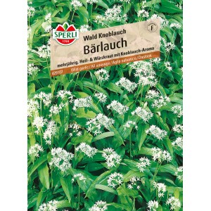 Sperli Bärlauch "Waldknoblauch" Kräutersamen Packung mit Bärlauchpflanzen und weißen Blüten.