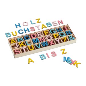 Relaxdays Holzbuchstaben Set Holz Bunt mit Sortierkasten 3 cm 170 g