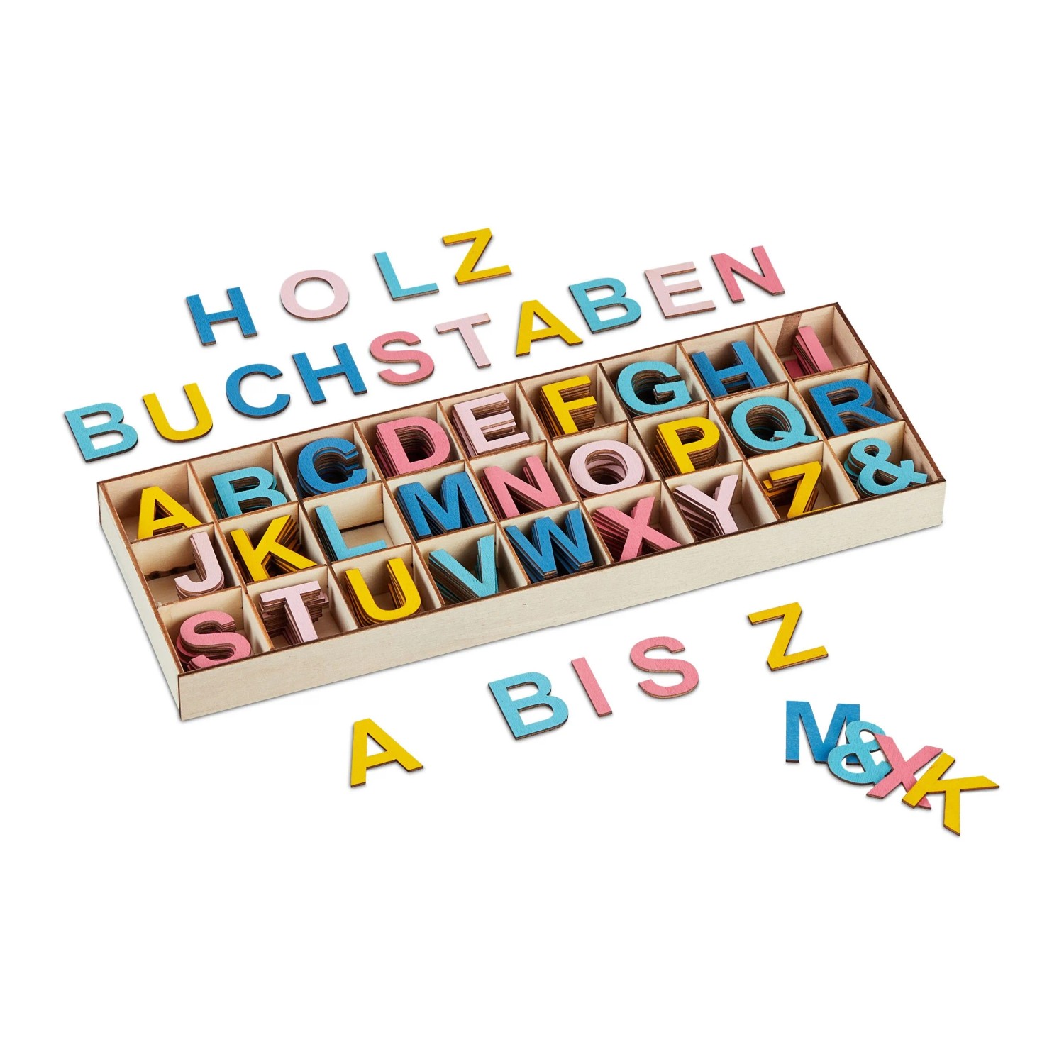 Relaxdays Holzbuchstaben Set Holz Bunt mit Sortierkasten 3 cm 170 g