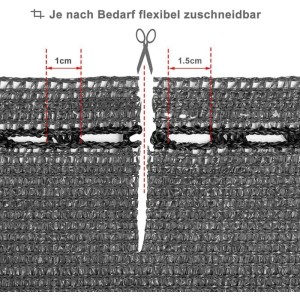 Detailaufnahme: Zuschneidbare, anthrazitfarbene WOLTU Zaunblende (150 g/m²) mit Kabelbinder.