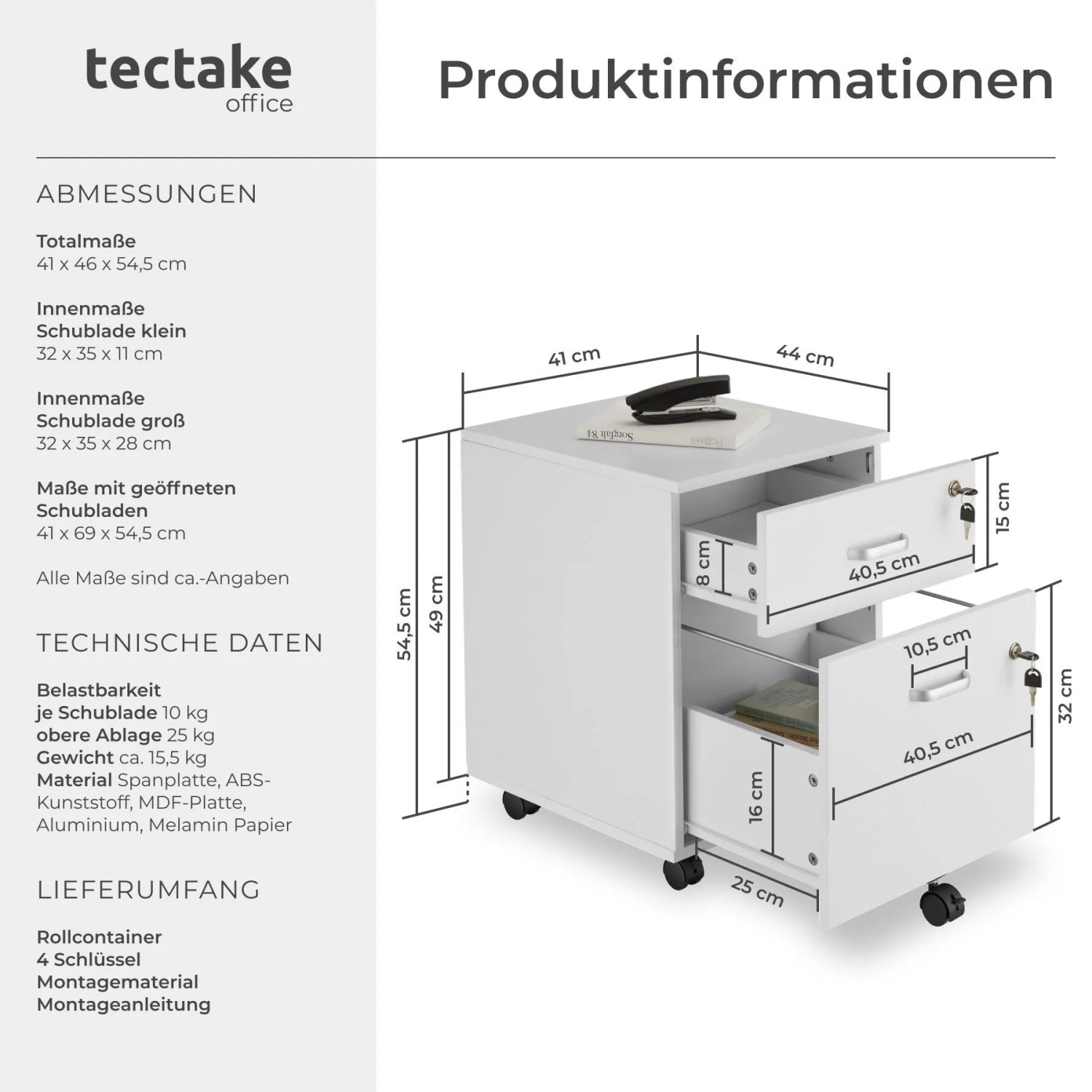 Weißer Tectake Rollcontainer Vagur mit 2 Schubladen, A4 Format, abschließbar, mit Maßen.