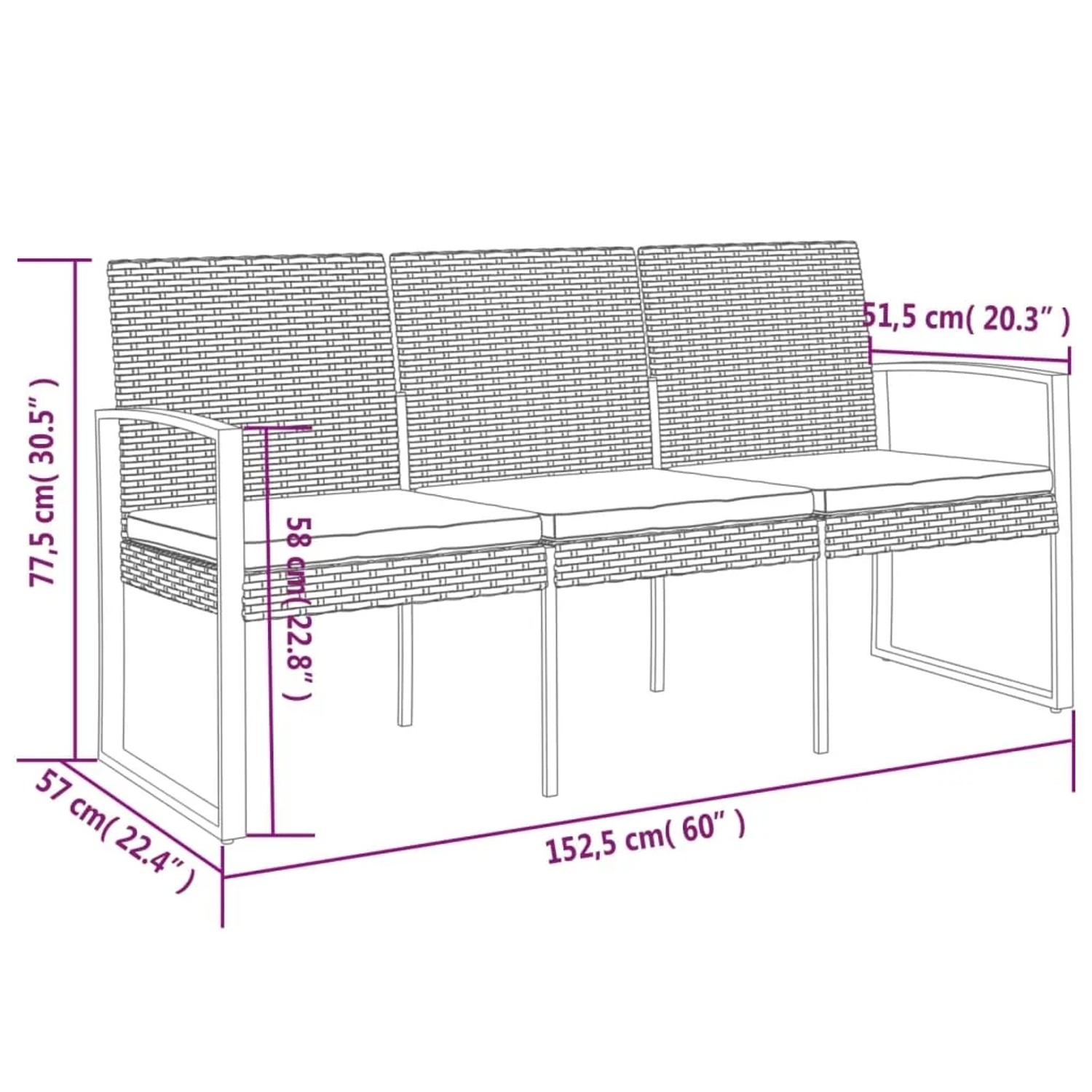 VidaXL Gartenbank 3-Sitzer, braunes Rattan mit Kissen, seitliche Ansicht mit Maßangaben.
