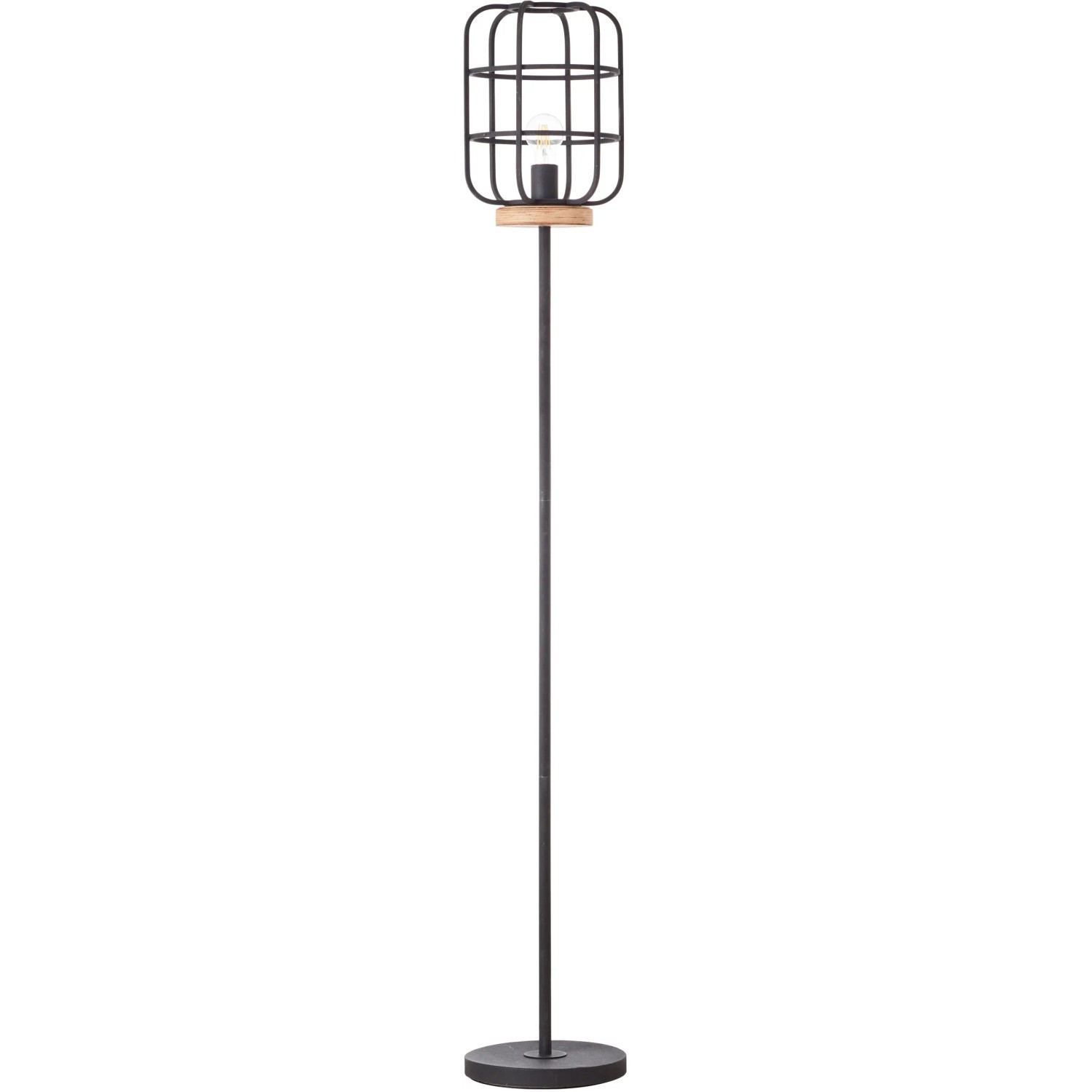 Schwarze Design-Stehlampe Gwen mit Holzdetails und Käfigschirm für Innenräume.