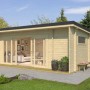 Lasita Maja Gartenhaus Java, 608x390 cm, aus unbehandeltem Holz mit großer Fensterfront.