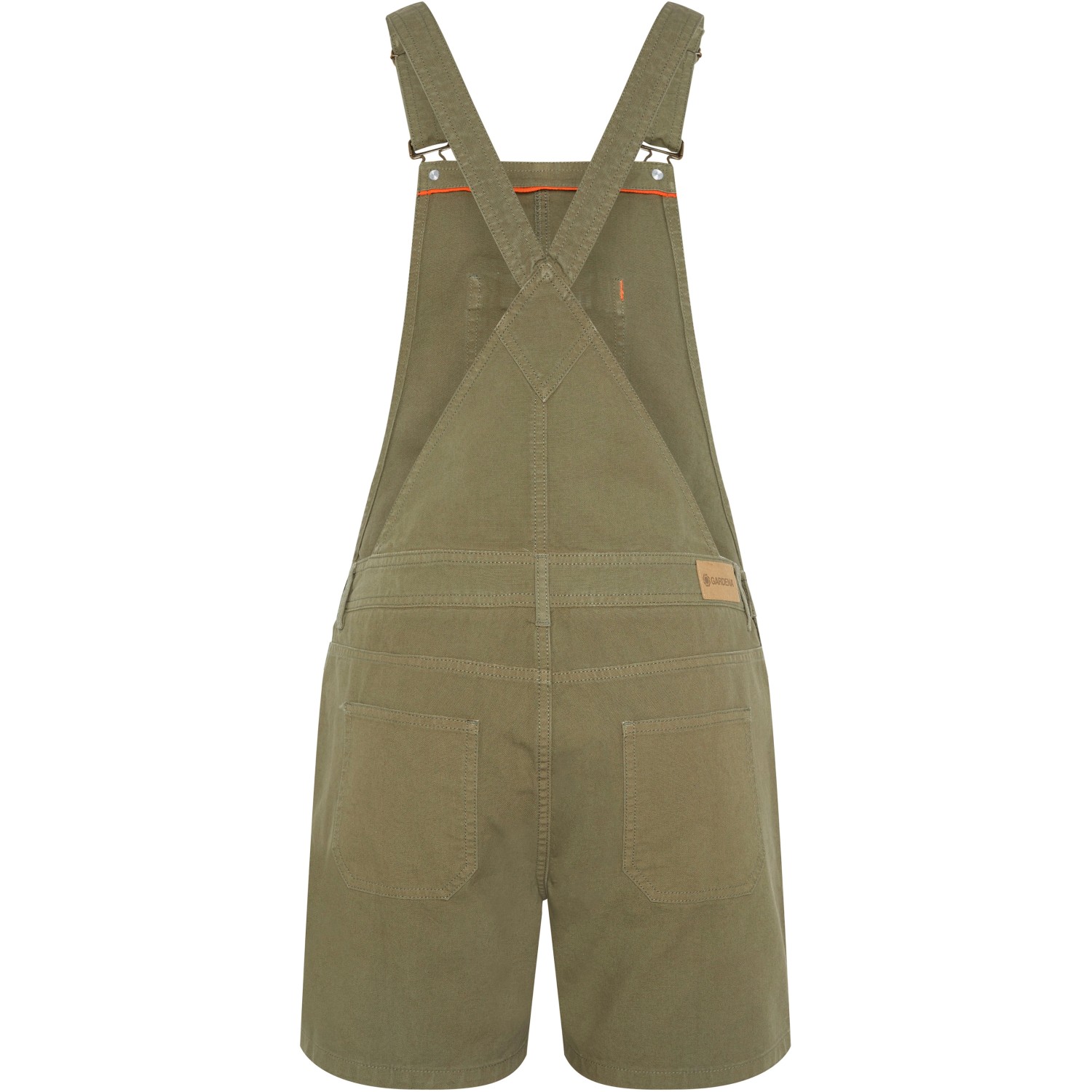 Gardena Damen-Latzhose in Dusty Olive, kurze Arbeitskleidung aus Baumwolle, Rückansicht.