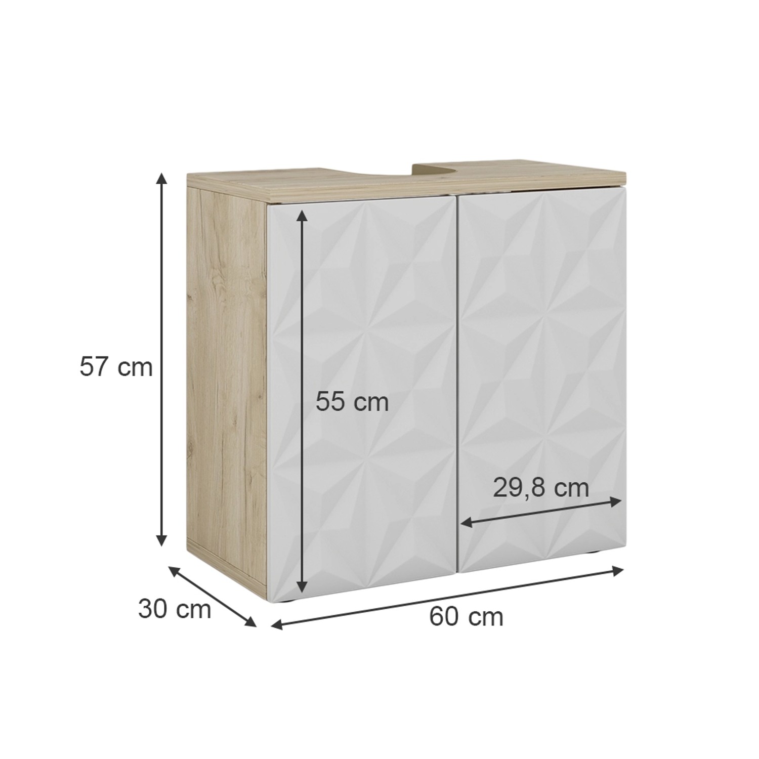 Vicco Waschbeckenunterschrank Edge, weiß/Eiche, 60 cm breit, mit 2 Türen und Maßangaben.