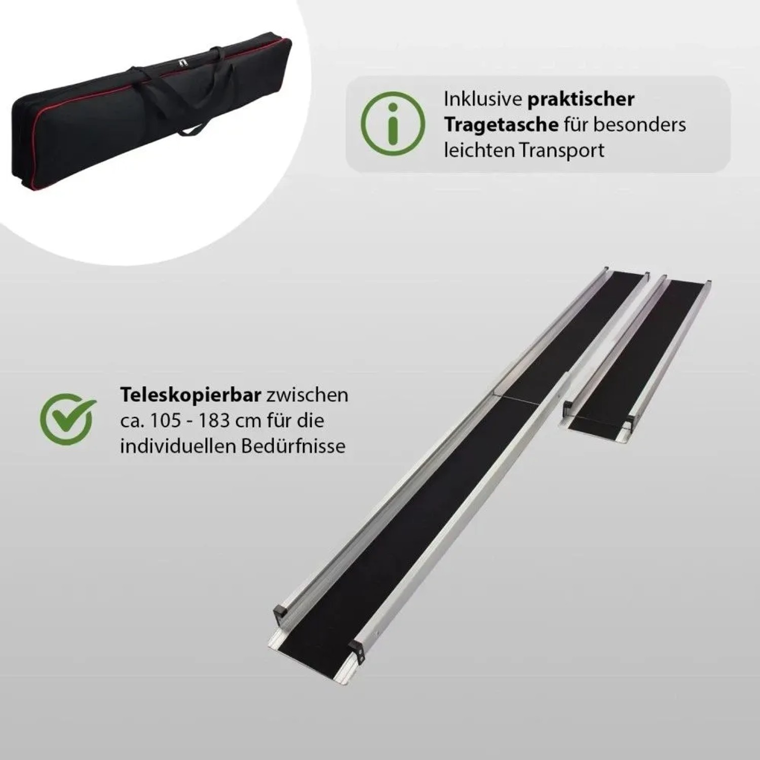 TRUTZHOLM Alu Teleskoprampe, 105-183cm, mit Tragetasche. Rollstuhlrampe für Autoanhänger.