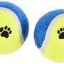 Heim Hunde-Outdoor-Spielzeug-Set: Zwei Tennisbälle mit Pfotenabdruck für Apportierspiele.