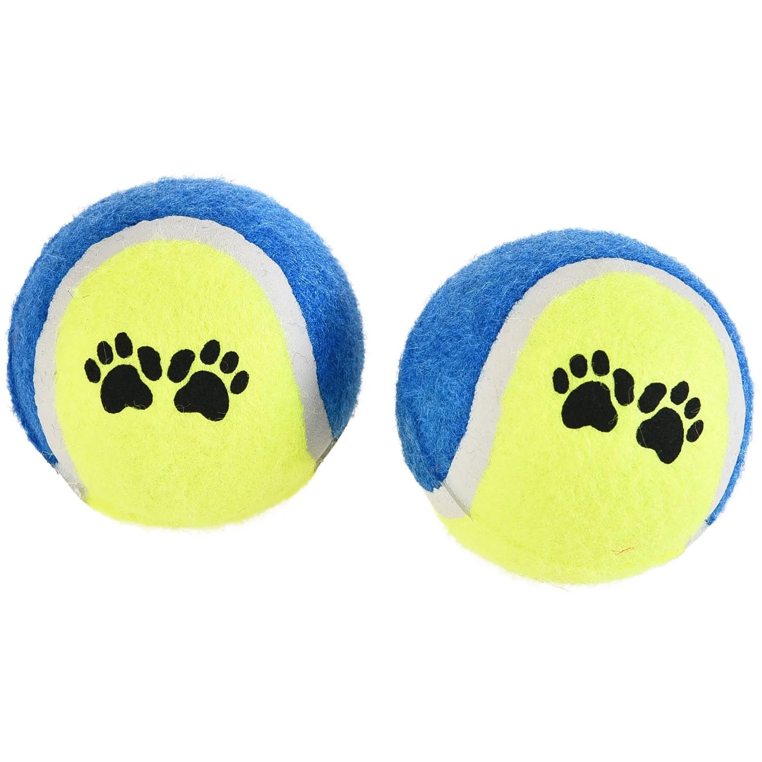 Heim Hunde-Outdoor-Spielzeug-Set: Zwei Tennisbälle mit Pfotenabdruck für Apportierspiele.