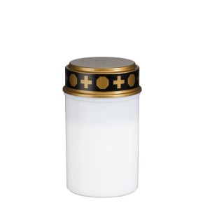 Weißes Luca Lighting LED-Grablicht mit schwarzem Band, goldenen Kreuzen und achteckigen Mustern.