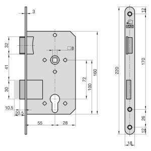Technische Zeichnung Basi Einsteck-Zimmertürschloss ES 929, Maße und Details.