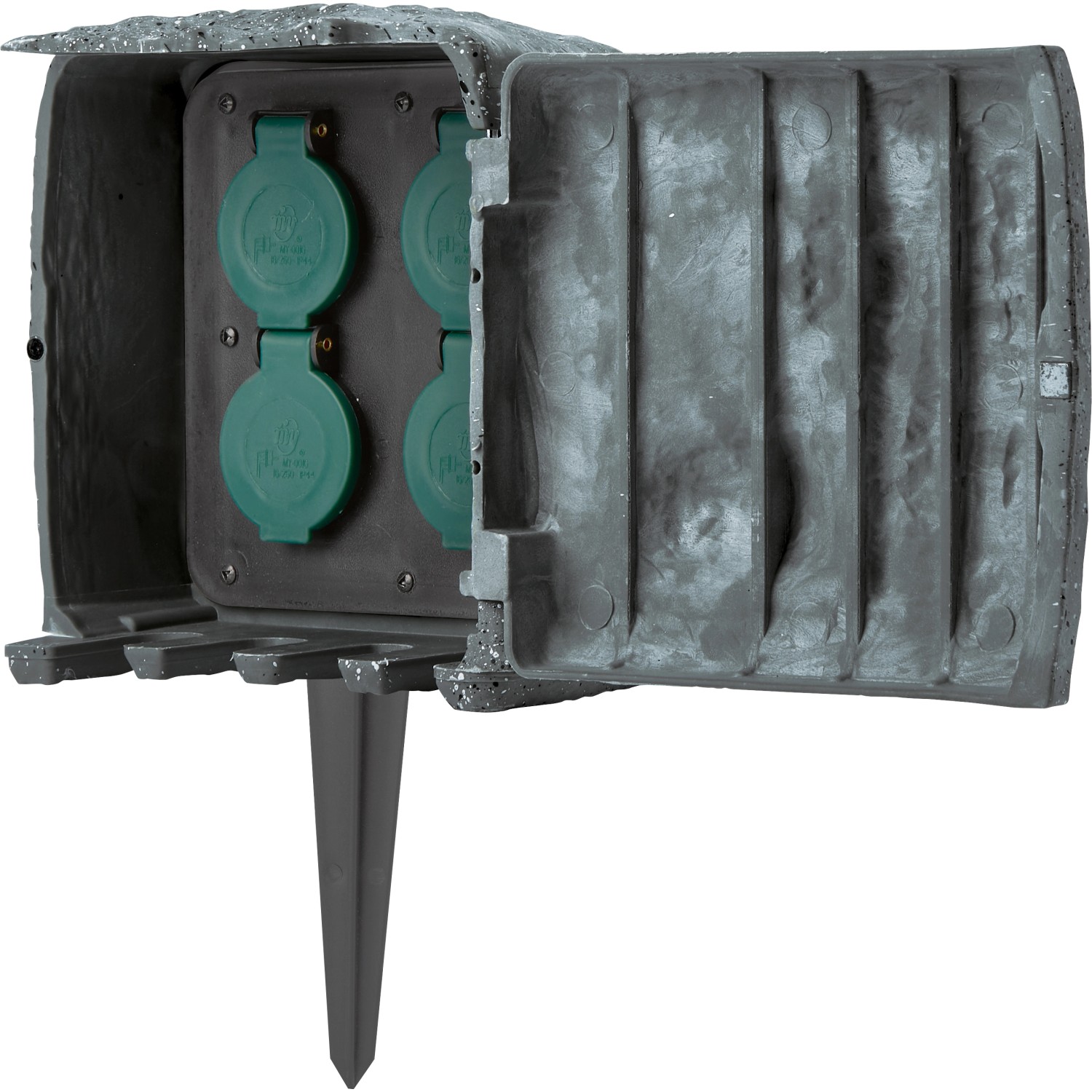 Gartensteckdose in Steinoptik mit 4 Steckdosen und Erdspieß für den Außenbereich.