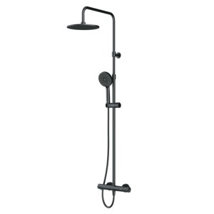 Schwarzes Duschsystem mit Thermostat, runder Regendusche und Handbrause. Elegante Duschsäule aus Messing.