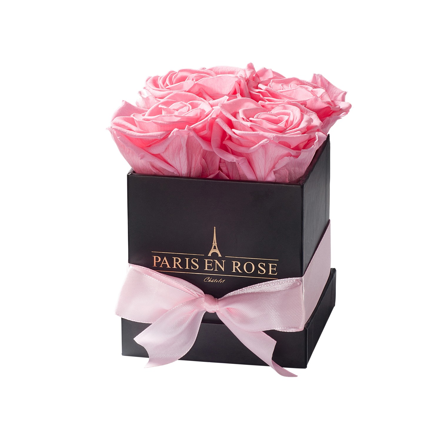 Rosenbox eckig Schwarz mit Schleife und 4 Rosa Rosen