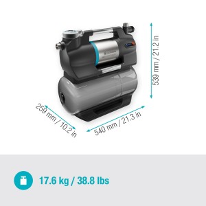 Gardena Hauswasserwerk 6300 SilentComfort mit LC-Display und Bluetooth, Ansicht mit Maßangaben.